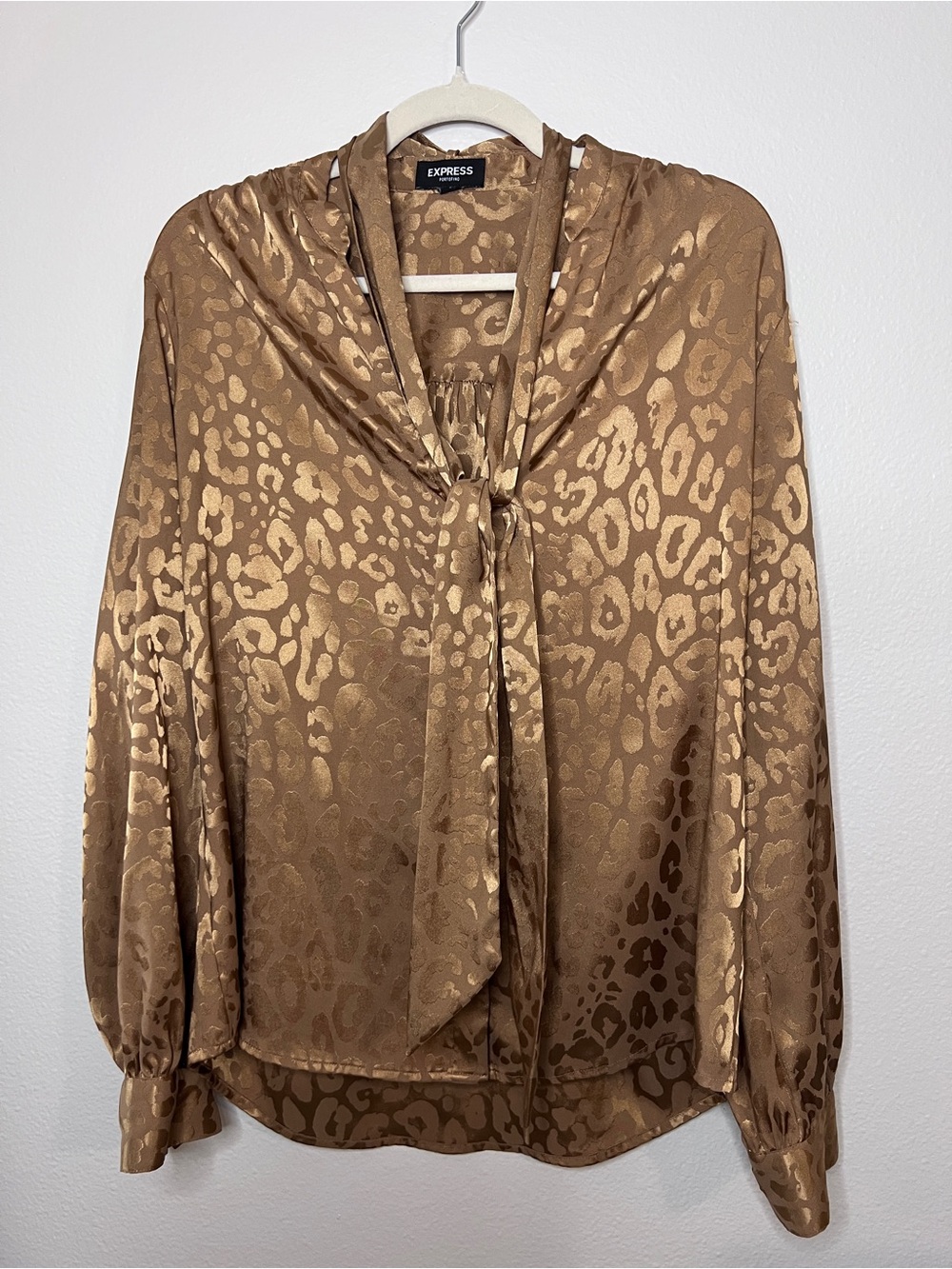 Express Metallic Brown Leopard-Print Tie-Neck Blouse